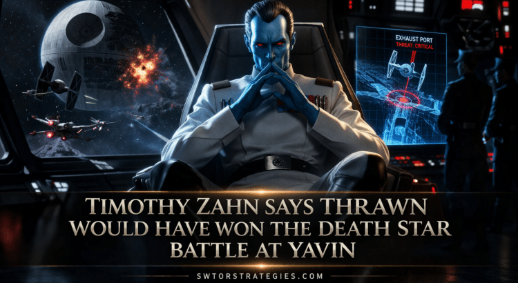 Grand Admiral Thrawn header image showing the Death Star battle at Yavin with headline text about Timothy Zahn’s Star Wars quote