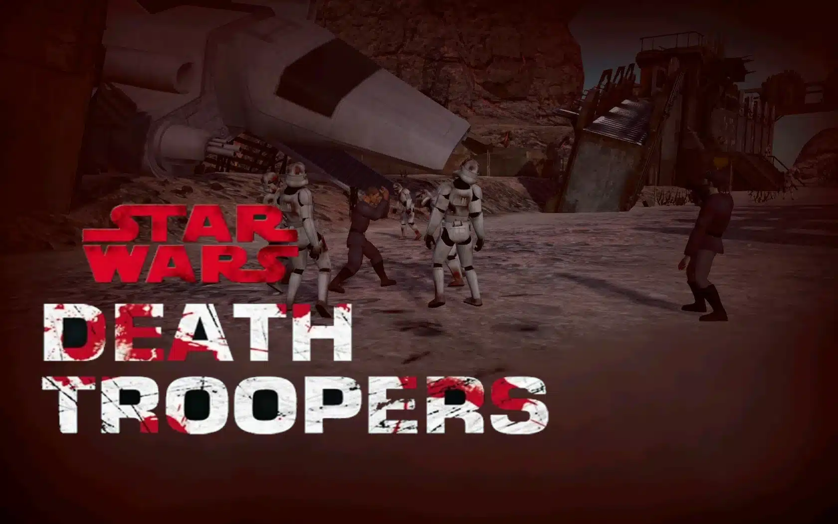 Stormtroopers surround survivor near crashed ship wreckage