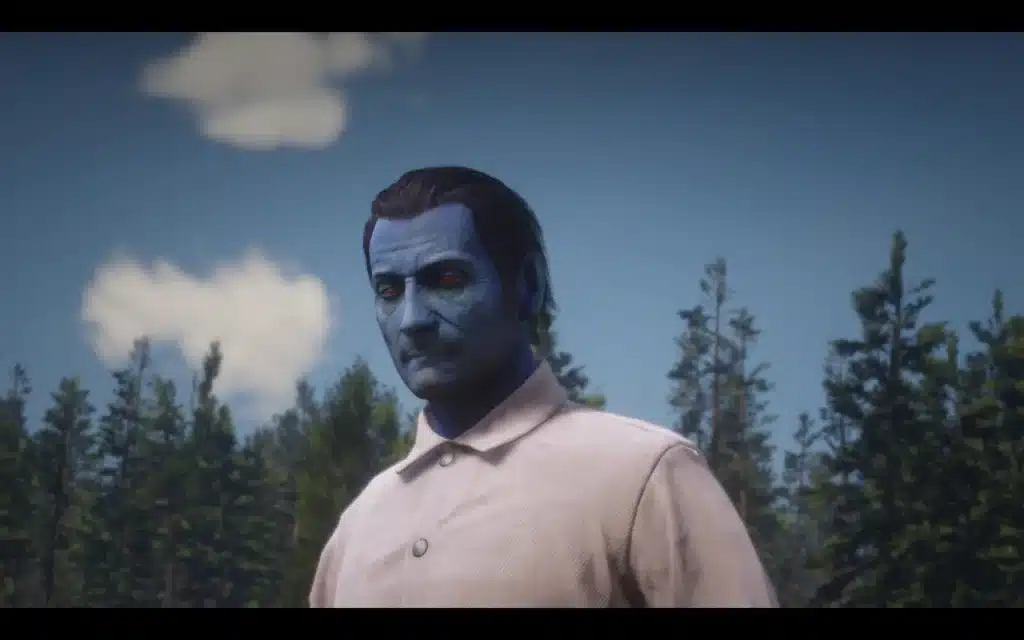 Blue-skinned man with red eyes outdoors