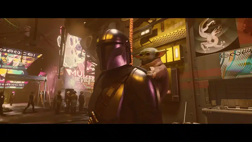 Mandalorian carrying Grogu in neon-lit city street