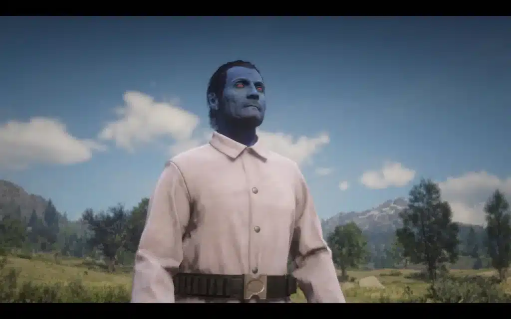 Blue-skinned man with red eyes in mountains