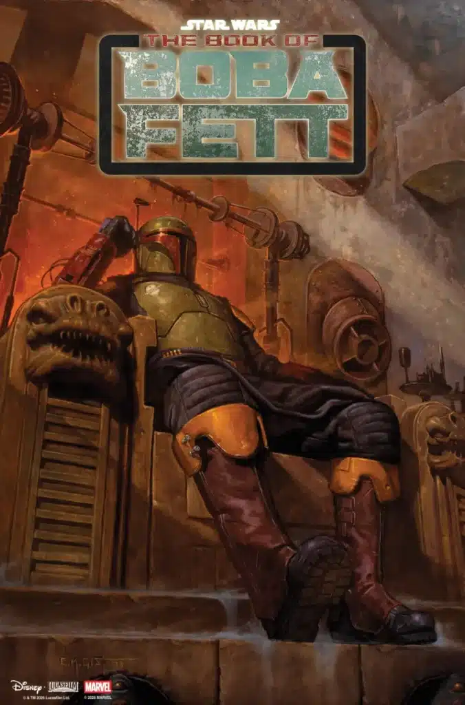 Boba Fett seated on throne in desert palace