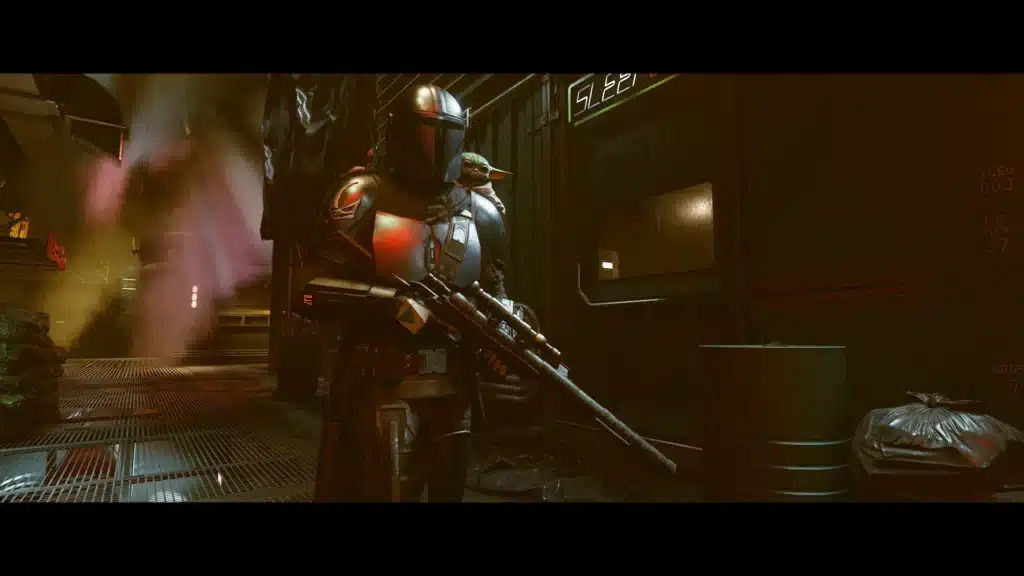 Mandalorian holding rifle with Grogu in alley