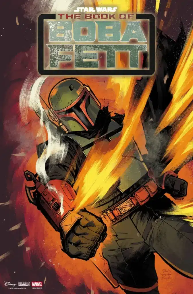 Boba Fett wielding flamethrowers amid fiery backdrop