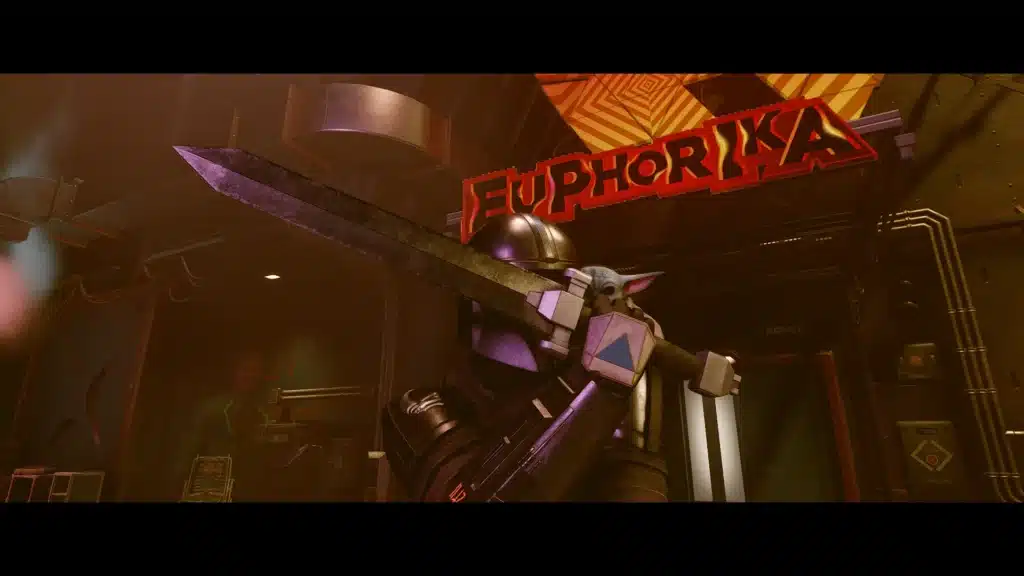 Mandalorian holding Darksaber under Euphoria neon sign