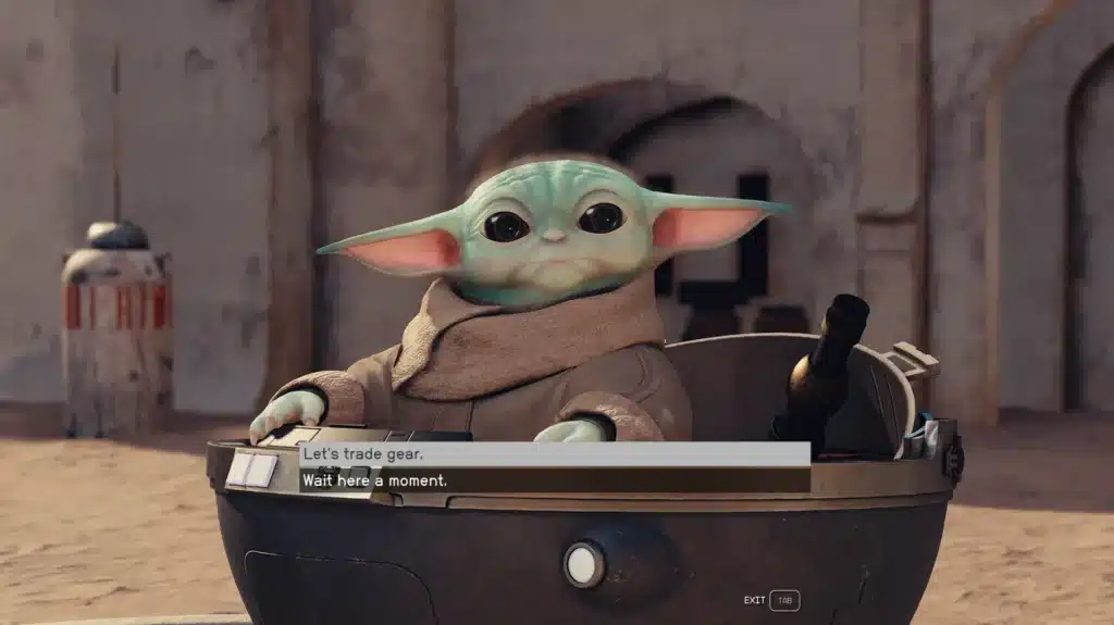 Grogu in hovering pod in desert setting