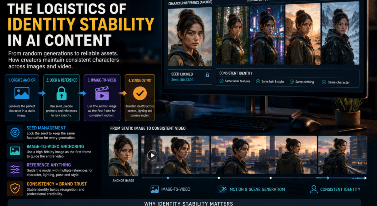 Infographic showing AI identity stability workflow with seed management, reference images, and consistent character generation across scenes
