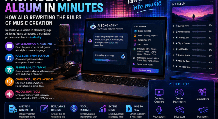 AI music creation interface showing a song generator, album playlist, studio microphone, and production tools