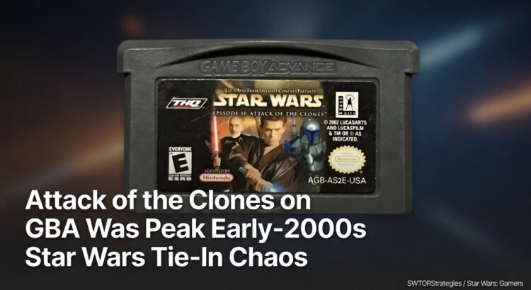 Game Boy Advance cartridge for Star Wars Episode II: Attack of the Clones, used as the basis for a retro gaming history header image.