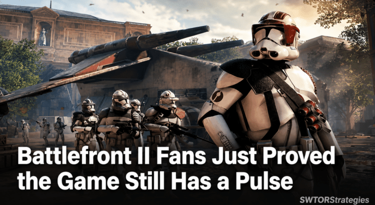 Clone troopers in Star Wars Battlefront II with headline about the game still having an active fan community