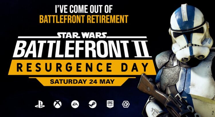 Star Wars Battlefront II Resurgence Day promotional image with a clone trooper and event text encouraging players to return to the game.