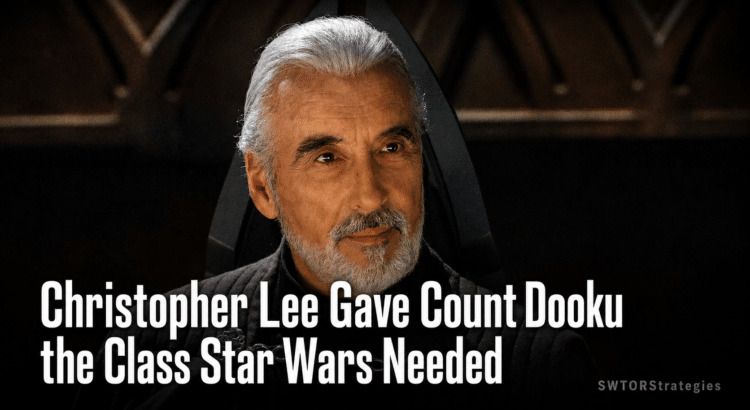 Christopher Lee as Count Dooku with headline about the class he brought to Star Wars