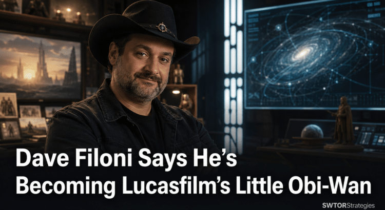 Dave Filoni in a cinematic Star Wars-inspired studio with headline about his Lucasfilm Obi-Wan role