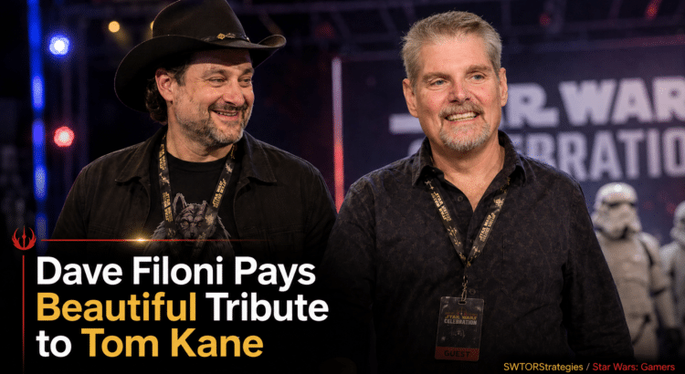 Dave Filoni and Tom Kane smiling at a Star Wars Celebration-style event with headline text about Filoni paying tribute to Kane.