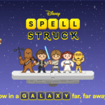 Disney SpellStruck Star Wars artwork showing cartoon heroes, droids, Boba Fett, ships, and a galaxy-themed word puzzle design.