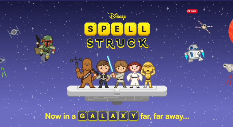 Disney SpellStruck Star Wars artwork showing cartoon heroes, droids, Boba Fett, ships, and a galaxy-themed word puzzle design.