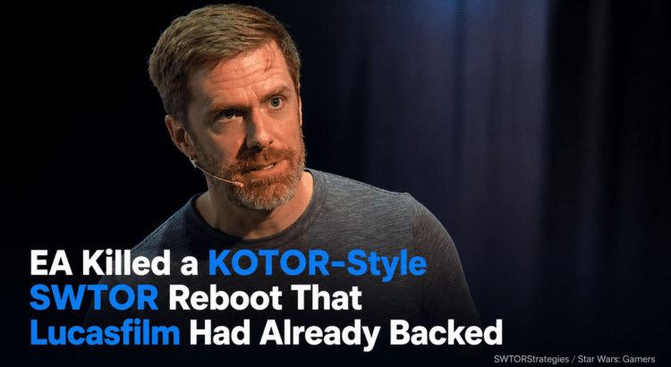 James Ohlen speaking on stage with headline text about EA killing a KOTOR-style SWTOR reboot backed by Lucasfilm.