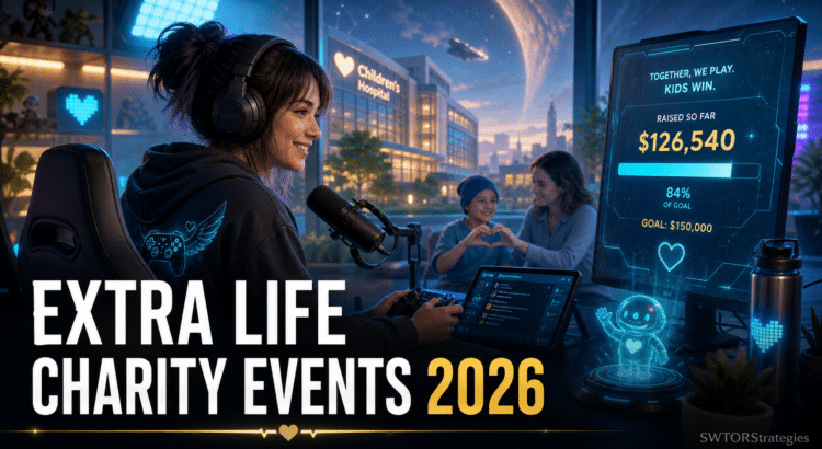 Extra Life Charity Events 2026 header image showing a gaming livestream fundraiser supporting children’s hospital care.