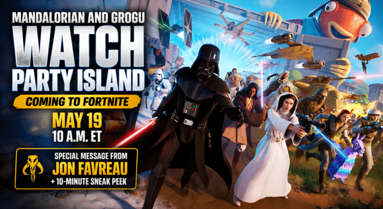 Fortnite Star Wars promotional-style header showing a colorful Star Wars battle scene with text about The Mandalorian and Grogu Watch Party Island opening May 19.