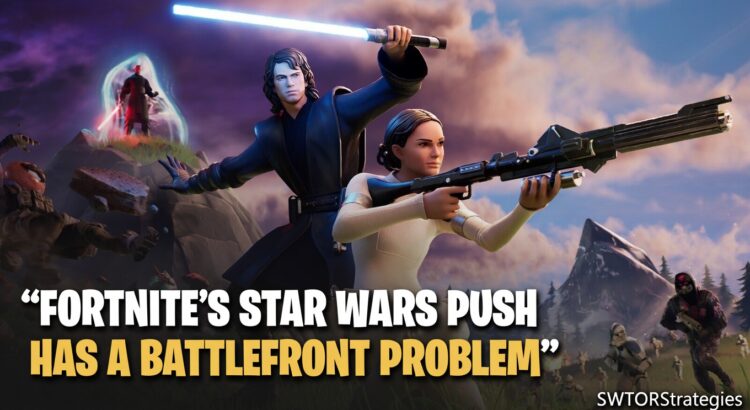 Fortnite Star Wars event with Anakin Skywalker and Rey holding weapons, headline "Fortnite’s Star Wars Push Has a Battlefront Problem"