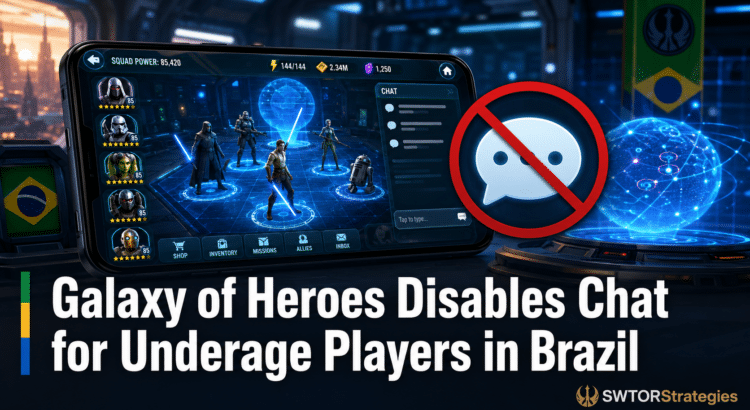 Galaxy of Heroes mobile game interface with disabled chat symbol and Brazil-themed legal update headline