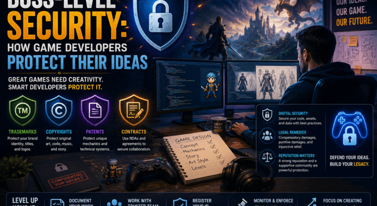 Game developer protecting creative ideas with trademarks, copyrights, patents, contracts, and digital security tools