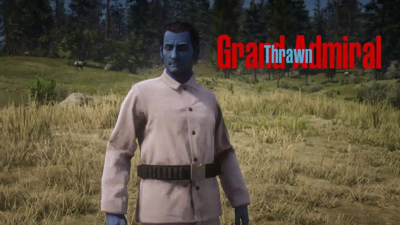 Grand Admiral Thrawn character mod shown in Red Dead Redemption 2 with a blue-skinned Thrawn standing in a western frontier landscape.