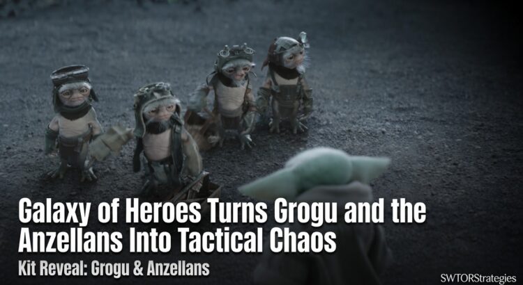 Grogu facing the Anzellans in a Star Wars-themed header image for the Galaxy of Heroes kit reveal