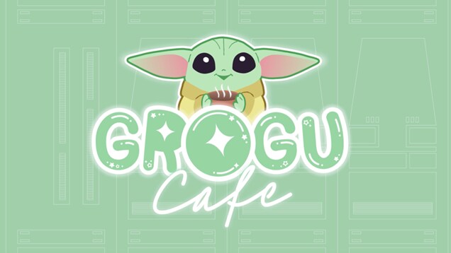 Grogu above glowing Grogu Cafe logo