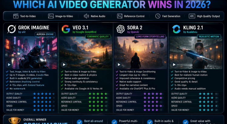 Infographic comparing Grok Imagine, Veo 3.1, Sora 2, and Kling 2.1 AI video generators by quality, audio, speed, and value