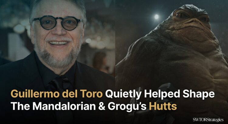 Editorial header image featuring Guillermo del Toro alongside a Hutt-like alien, illustrating his creative influence on the Hutt material in The Mandalorian & Grogu.