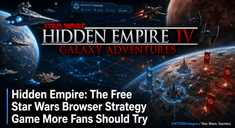 Hidden Empire Galaxy Adventures logo over a cinematic Star Wars-style galactic strategy scene with fleets, planets, and tactical command graphics.