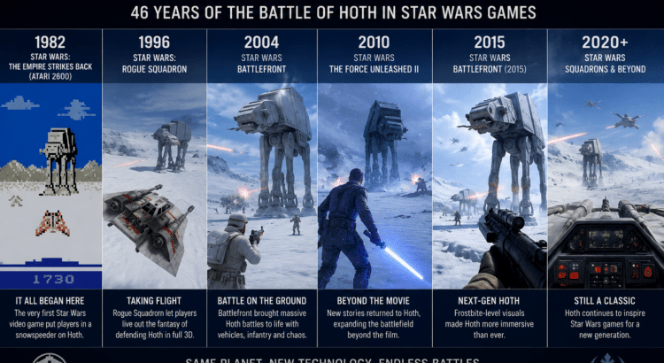 Hoth over time infographic showing the Battle of Hoth across Star Wars games, from the 1982 Atari Empire Strikes Back game to modern Battlefront and flight combat interpretations.