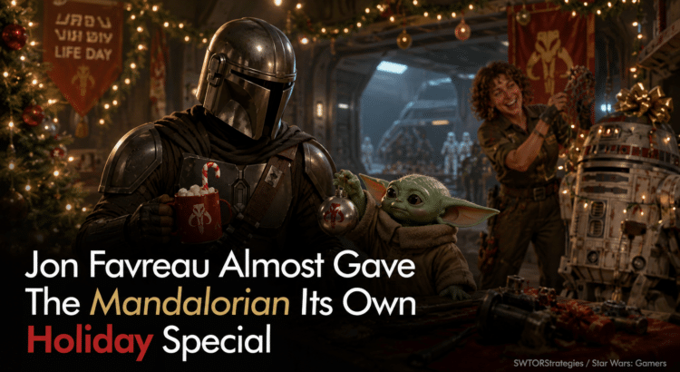 The Mandalorian, Grogu, Peli Motto, and R2-D2 in a festive Life Day-themed scene with headline text about Jon Favreau almost making a Mandalorian holiday special.
