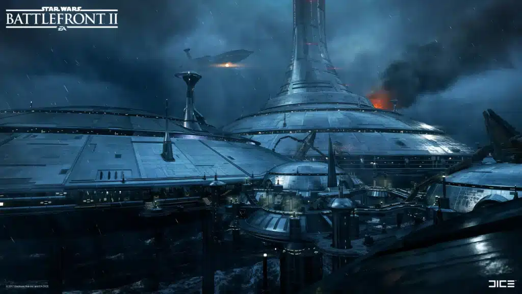 Futuristic city under storm with starship overhead