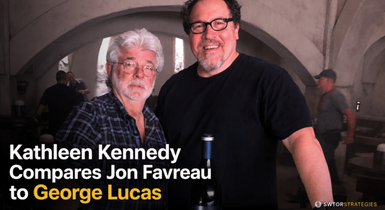 Article header image about Kathleen Kennedy comparing Jon Favreau to George Lucas, with title text over a behind-the-scenes Star Wars-style photo.