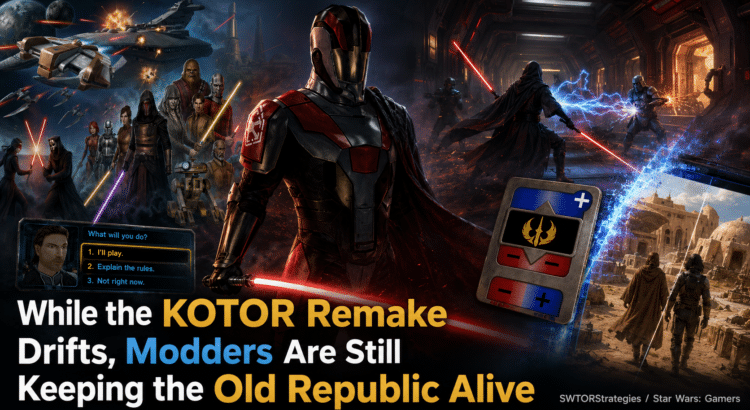 KOTOR modding collage with Old Republic characters, Sith-inspired armor, Pazaak card imagery, lightsaber combat, and headline text about modders keeping the Old Republic alive.