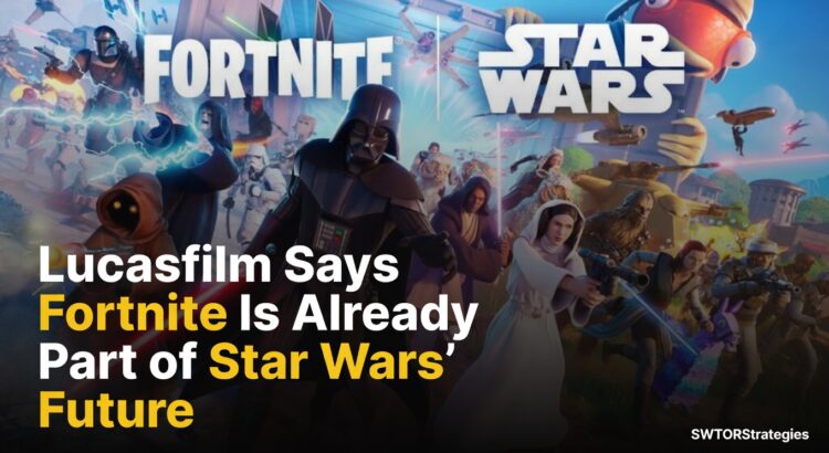 Fortnite and Star Wars crossover artwork featuring Darth Vader, Princess Leia, Emperor Palpatine, The Mandalorian, and other characters, used for an article about Lucasfilm calling Fortnite part of Star Wars’ future.