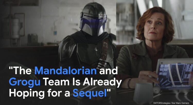 The Mandalorian beside woman with tablet and headline