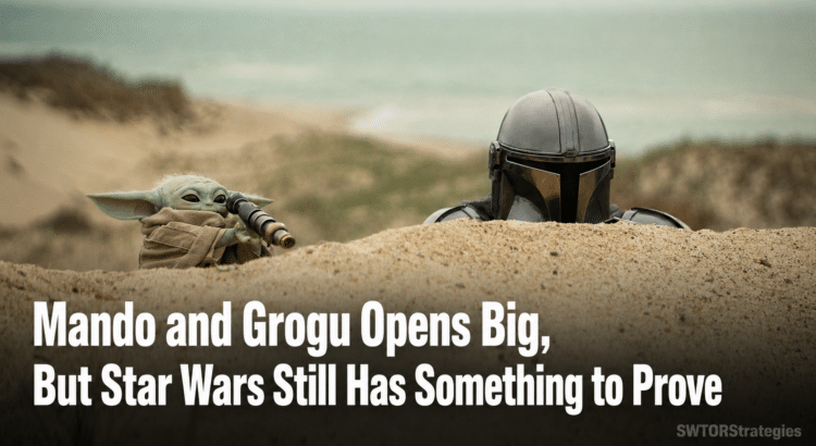 Mando and Grogu peeking over a sand dune with headline about Star Wars box office opening