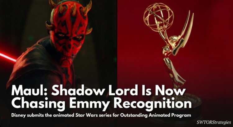 Darth Maul beside an Emmy trophy in a header image about Maul: Shadow Lord entering the Emmy race