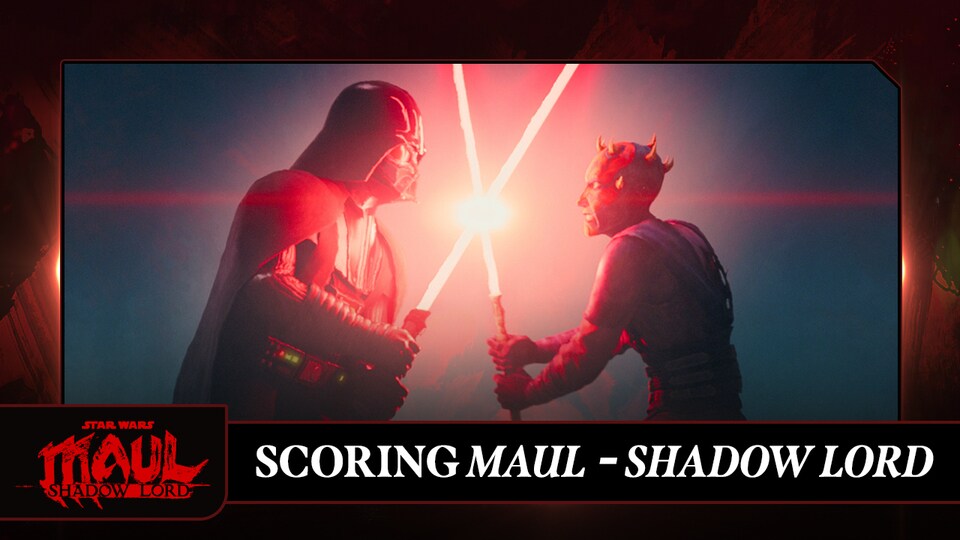 Maul Shadow Lord soundtrack feature image showing Maul and Darth Vader crossing red lightsabers with Scoring Maul Shadow Lord text.