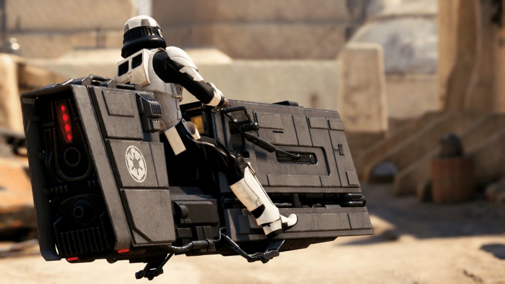 Armored trooper riding hovering speeder in desert