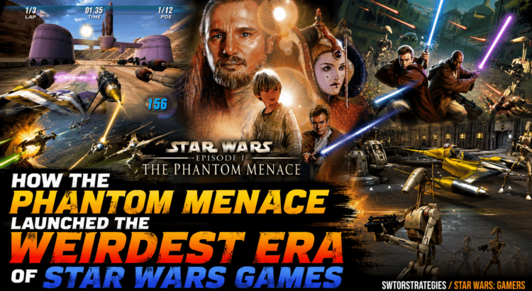 High-energy Star Wars Episode I gaming collage with podracing, Jedi action, battle droids, Naboo visuals, and headline text about The Phantom Menace launching the weirdest era of Star Wars games.