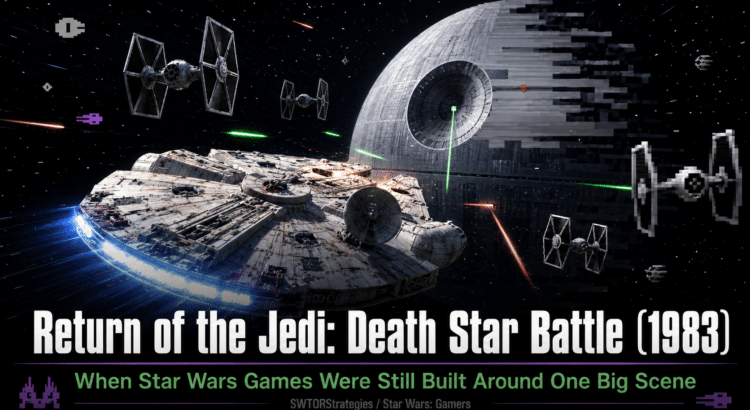 Header image for Return of the Jedi: Death Star Battle (1983) showing the Millennium Falcon attacking Death Star II with TIE fighters and retro pixel-style game elements layered into the scene.