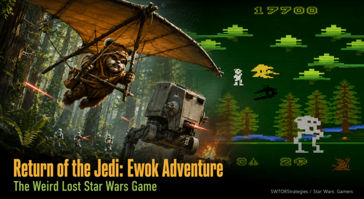 Header image for Return of the Jedi: Ewok Adventure showing an Ewok flying a hang glider through Endor while an AT-ST and retro pixel-game visuals appear alongside the modern scene.
