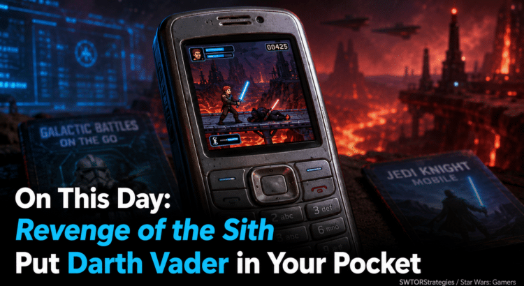 Retro mobile phone showing a pixel-style Star Wars lightsaber game, with headline about Revenge of the Sith coming to mobile in 2005.