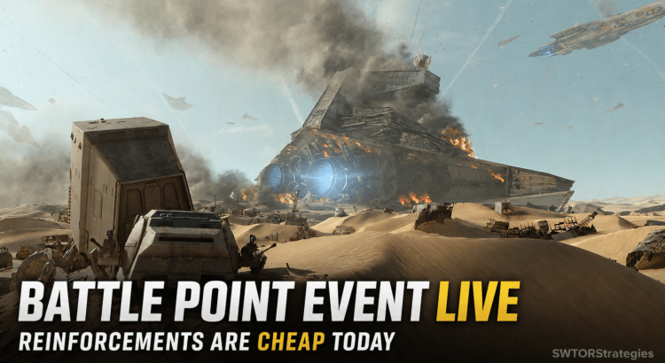 Battlefront II Battle Point Event header image showing a desert battlefield with wreckage and title text about cheap reinforcements.