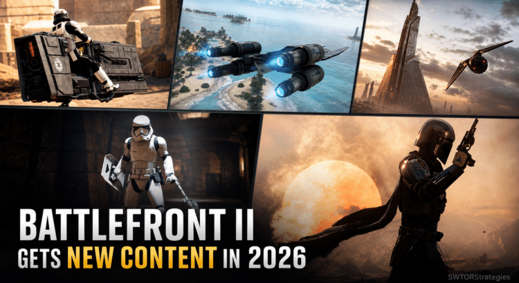 Star Wars Battlefront II header image showing KYBER and Battlefront Plus content with new vehicles, troopers, starfighters, and Din Djarin.