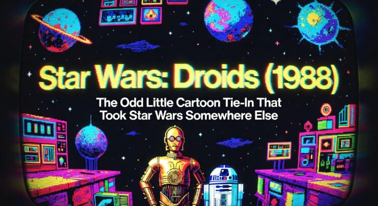 Retro pixel-art style Star Wars: Droids 1988 header image with C-3PO and R2-D2, neon planets, arcade-style screens, and title text about the odd cartoon tie-in.